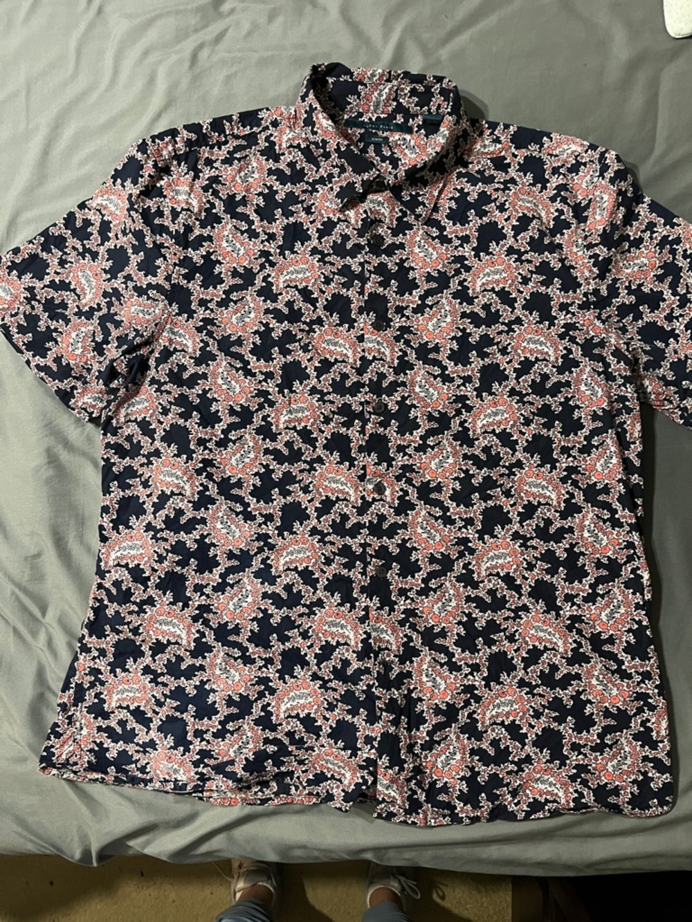 Perry Ellis Navy Short-Sleeve Button-Down with Coral Floral Print